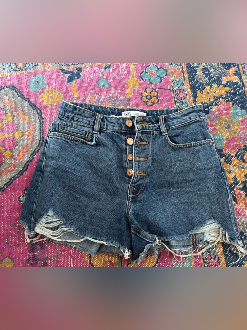 Button-Front Distressed Denim Shorts for Women - Blue